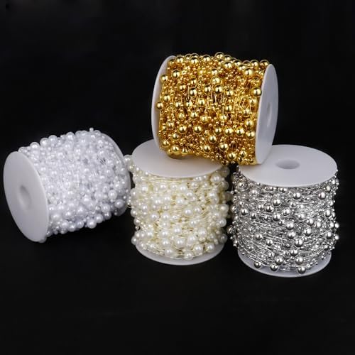 98FT 8mm 3mm Ivory Faux Pearl Beads String Garland Roll Bulk for DIY Craft (Pack of 3)