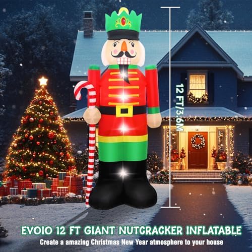 Evoio 12 Ft Giant Christmas Nutcracker Inflatables Decorations Blow Up Nutcracker Holding a Candy Cane, Large Light up Inflatable Nutcracker for Outdoor Yard Outside Christmas Decorations