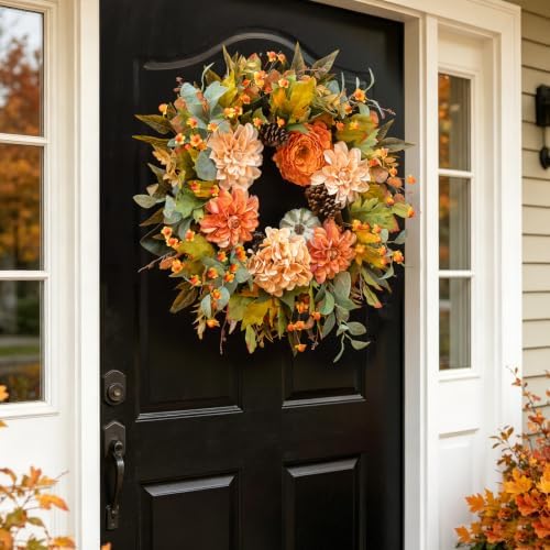 24 Inch Harvest Fall Wreaths for Front Door Outside with Dahlia & Pumpkins