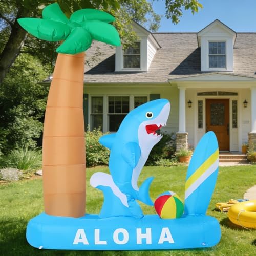 GOOSH 7.4 FT Summer Inflatable Shark with Palm Tree, Surfboard & Beach Ball Outdoor Blow Up Yard Decoration with LED Lights for Hawaiian Beach Party Garden Lawn Birthday Pool Decor