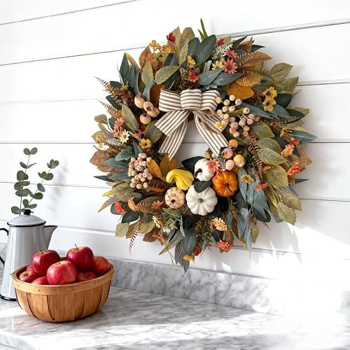 HipTree 24 Inch Fall Wreath for Front Door,Pumpkin Wreath Farmhouse Decor