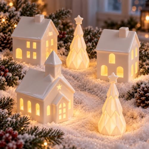 Christmas Village Sets, 5-Piece Ceramic Houses and Pine Trees, Xmas Decor