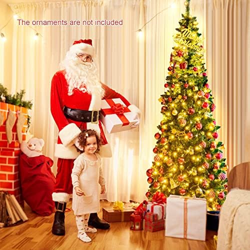 Goplus 7.5ft Prelit Pencil Christmas Tree, Premium Hinged Fir Tree, with Warm White LED Lights and Solid Metal Stand, Easy Assemble, Ideal Artificial Xmas Tree for Home and Office