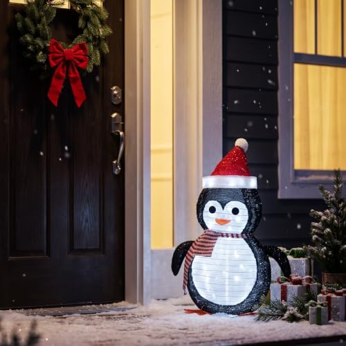 27.5-Inch Lighted Christmas Penguin for Outdoor Christmas Decorations, Pop-Up Penguin Yard Decor with 45 Cool White LEDs, Battery-Operated Timer, Collapsible Metal Frame for Porch and Lawn