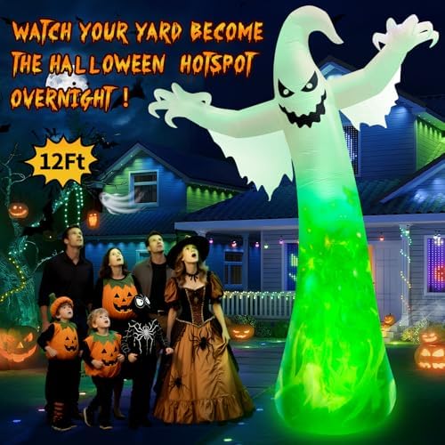 12FT Giant Halloween Inflatables Ghost with 3-Colored Flame Rotation Light