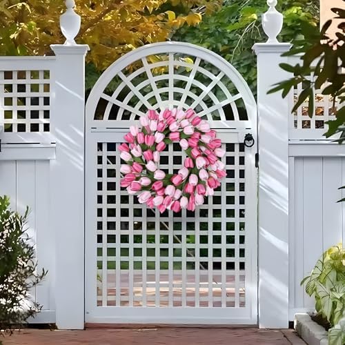 24 Inch Tulip Summer Wreath for Front Door Spring Silk Wreath with Green Leaves Artificial Tulip Flower Wreaths for All Seasons Farmhouse Porch Wall Living Room Home Widding Decor