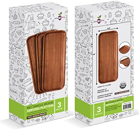 Solid Acacia Wood Serving Trays (14 x 5.5 inches) Rectangular Wooden Large Serving Platters for Food, Wooden Platter for Charcuterie, Appetizer Serving Tray, Wood Cheese Board (Set of 3 Plates)