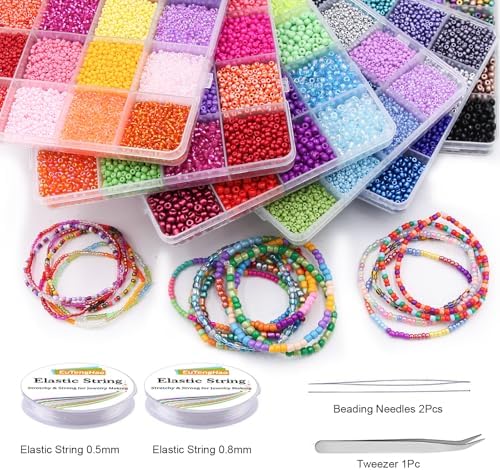 EuTengHao 81600pcs Glass Seed Beads Craft Beads 6/0,8/0,12/0 Multi-Size for DIY Bracelet Necklaces Crafting Jewelry Making Supplies with Beading Needles Elastic Strings (144 Colors, 2mm&3mm&4mm)