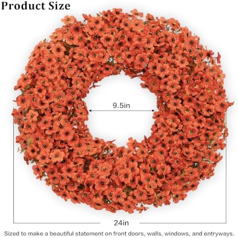 24" Orange Fall Wreath for Front Door, Artificial Mums Autumn Wreath