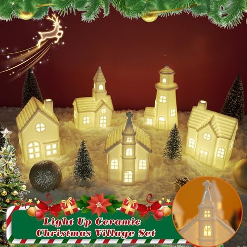 11Pcs White Ceramic Christmas Village Houses with Timer