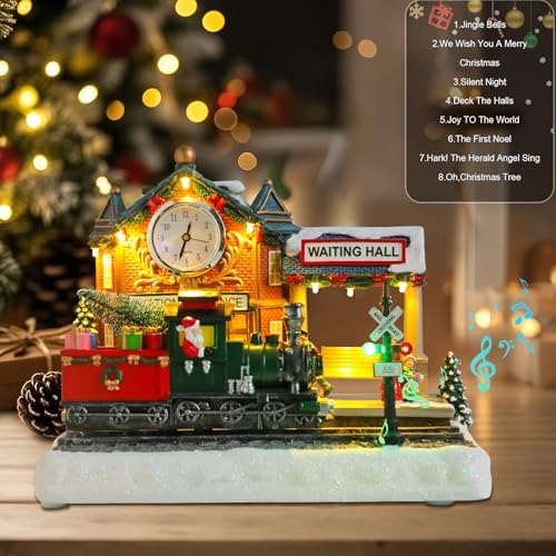 WONDER GARDEN Christmas Village Houses-Christmas Houses Village - Lighted Musical Railway Station Collectible Buildings with Moving Train for Home Indoor Decor or Gift