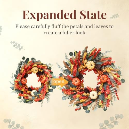 22" Fall Eucalyptus Wreaths for Front Door with Mixed Pumpkins and Berries