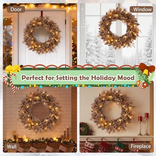 Goplus 24 Inch Pre-Lit Christmas Wreath, Battery Operated Lighted Artificial Winter Xmas Wreaths for Front Door with 105 Branch Tips, 35 Warm White LED Lights, Pine Cones, Windows Wall Mantel Decor