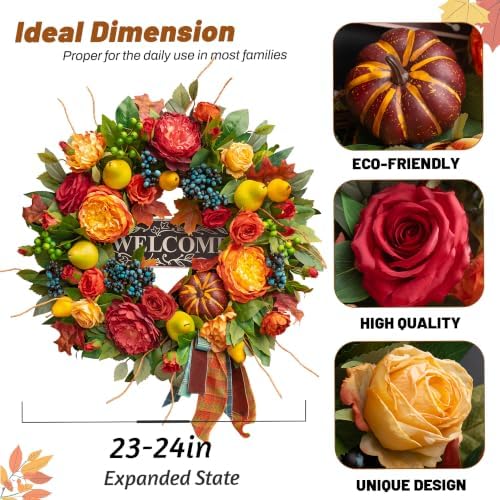 Fall Wreaths for Front Door, 24 in Autumn Harvest Wreath for Thanksgiving