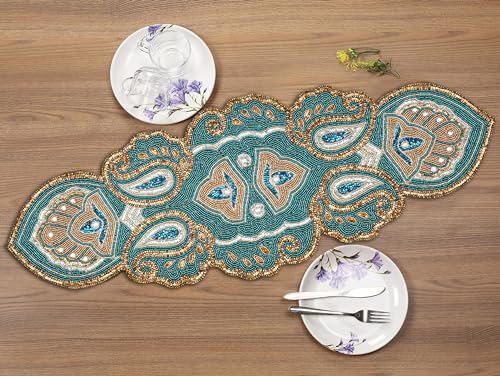 Lightnpro Beaded Christmas Table Runner 13x36 Inch - Teal Gold Paisley Design -Perfect Handmade Decorative Runner for Holiday, Thanksgiving, New Year, Winter Table Décor, Suitable Gift Every Occasion