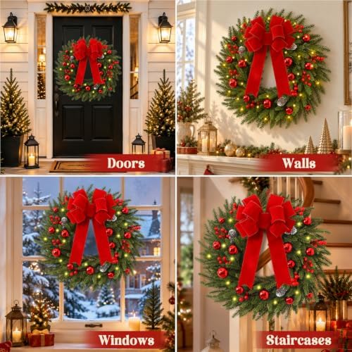 24'' Christmas Wreath with Lights, Christmas Norfolk Wreaths for Front Door