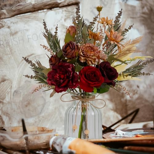 LESING Dahlia Flower Aritificial Flower with Vase Fake Silk Flowers in Glass Vase Faux Rose Flowers Arrangement for Home Office Table Centerpiece Decoration (Claret Red)