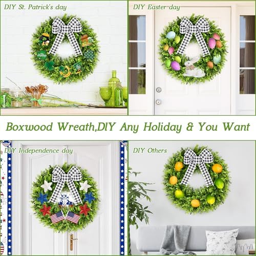 Vlorart 24" Large Boxwood Wreath for Front Door, Artificial Greenery Wreath with Plaid Bow, Full Lush Spring Summer Farmhouse Wall, Window & Wedding Decor