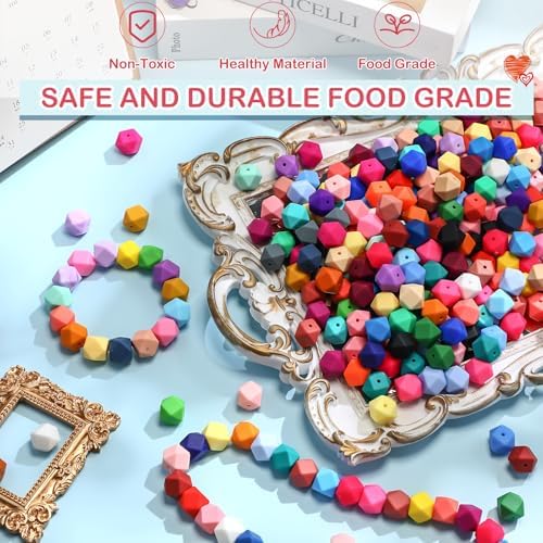 Hotop 288 Pcs Hexagon Silicone Beads Bulk 48 Colors 14mm