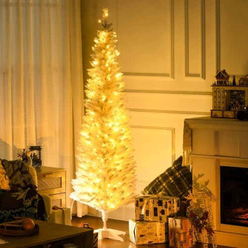 HOMCOM 6' Tall Pre-Lit Noble Fir Artificial Pencil Christmas Tree White