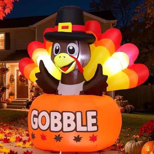 GOOSH 4FT Thanksgiving Inflatables Turkey Outdoor Decorations with Built-in LED Lights,Blow Up Turkey with Pumpkin for Lawn Yard Garden Party House Holiday Decor