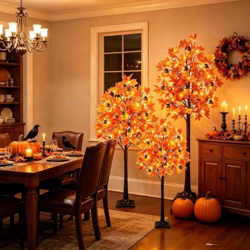 3Pcs Fall Trees Maple Tree with Lights 4Ft/5Ft/6Ft - Remote Control&Timer