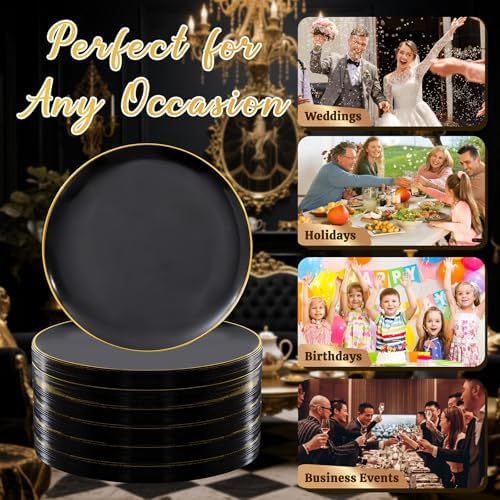 Festiva 400Pcs Black Gold Dessert Plates 6.3" with Forks 5"- 200PCS Small Disposable Dessert/Cake/Appetizer Plates and 200PCS Forks - Serve 200 Guests for Birthday Party& Wedding
