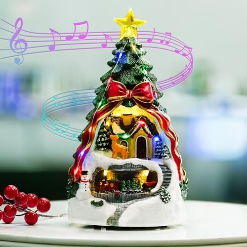 MXwcy Animated Musical Christmas Tree Village – Lighted Figurine with Spinning Santa Train, Plays 8 Holiday Carols, Tabletop Home Decor & Gift