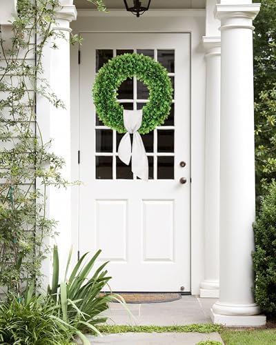 20 inch Artificial Boxwood Wreath for Front Door, Greenery Spring Summer Wreath for All Seasons with Sash，St Patrick's Day Decoration, Farmhouse, Garden, Wedding, Indoor & Outdoor