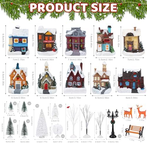 32 Pcs LED Christmas Village Set, 10 Resin Christmas Village Houses with Figurines Decoration Xmas Town Building Collection Trees Lamp Post Scenes for Tabletop Mantel Holiday Display Gift (Style A)