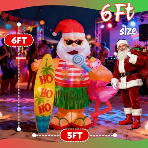 6FT Christmas Inflatable Hawaiian Santa Claus with Flamingo and Surfboard Outdoor Decoration, Tropical Blow up with Build-in LEDs for Indoor Outdoor Xmas Party Garden Yard Lawn Decor