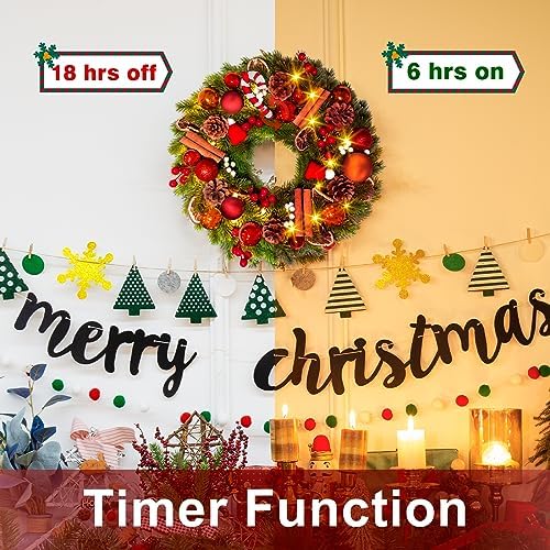 Quntis 16 Inch Christmas Wreath with 40 Lights 8 Modes, Lovely Christmas Door Wreath Decorations Artificial Xmas Wreath with PineCones Dried Lemon Pieces, Winter Wreaths Outdoor Porch Fireplace Window