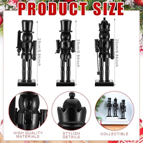 Cinnvoice 3 Pcs Black Christmas Nutcracker Figure Statue Wooden Decor 10in