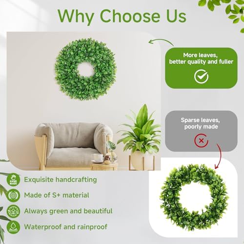 Vlorart 24 Inch Faux Round Boxwood Wreath, Weatherproof Front Door Large Wreaths Artificial Spring Summer Greenery Wreath with Sash for Farmhouse Wedding Year Round Indoor and Outdoor