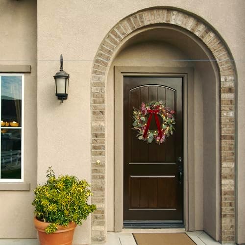 24 Inch Pre-Lit Artificial Christmas Wreath for Front Door Welcome - Realistic Frosted Eucalyptus Black Berries Red Velvet Bow - 50 LED Battery Operated Timer for Indoor Outdoor Modern Farmhouse