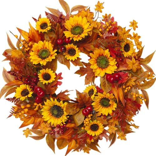24 Inch Harvest Fall Wreaths for Front Door with Sunflower and Red Berries