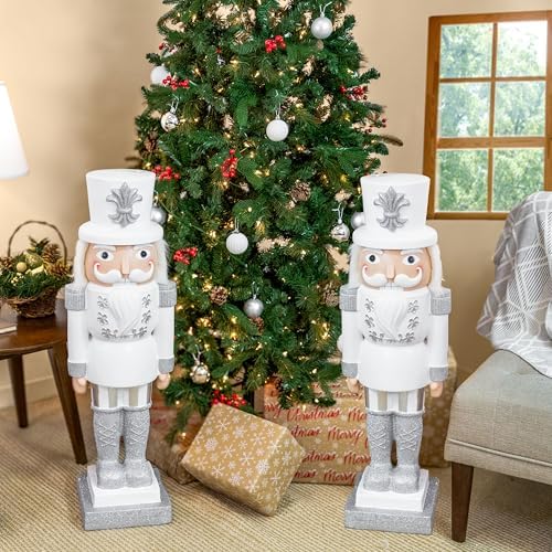 Sunnydaze 3ft Sterling the Silver Nutcracker Christmas Decoration - Polyresin Indoor or Outdoor Nutcracker Statue - Set of 2