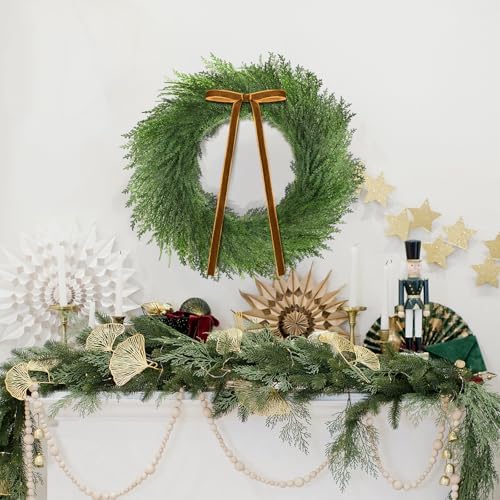 3 Pcs 20 Inch Christmas Cedar Wreath with Khaki Ribbon Bow