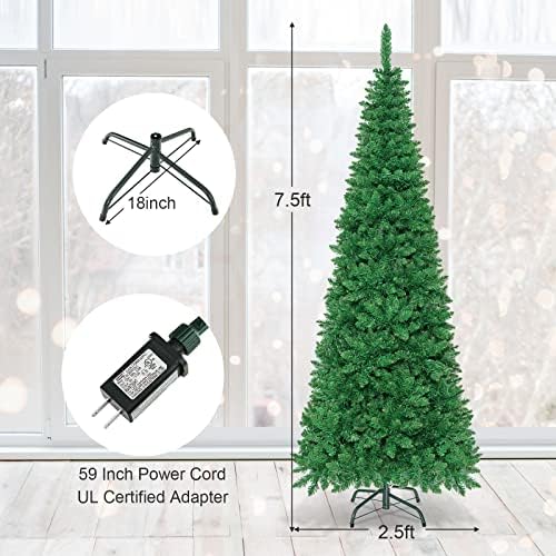 Goplus 7.5ft Prelit Pencil Christmas Tree, Premium Hinged Fir Tree, with Warm White LED Lights and Solid Metal Stand, Easy Assemble, Ideal Artificial Xmas Tree for Home and Office