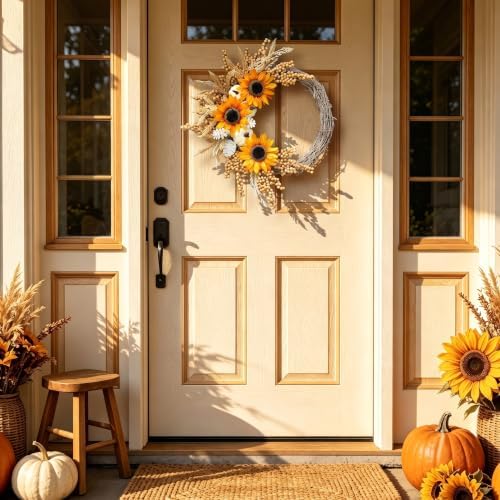 20 Inch Sunflower Fall Wreath for Front Door with White Pumpkin and Berries