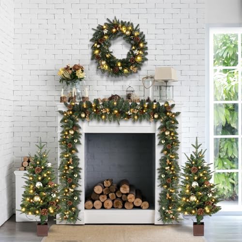 VINGLI Pre-lit 5-Piece Set Christmas Tree with LED Lights, Christmas Garlands, Wreath and Set of 2 Entrance Trees Artificial Christmas Porch Decorations, Gold