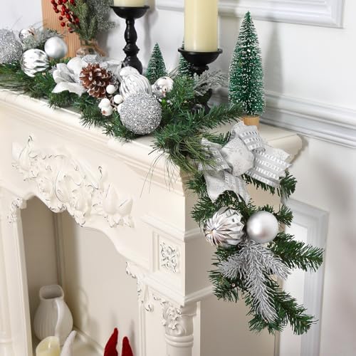 6FT Christmas Garland with Lights, Xmas Battery Operated Artificial Rattan with Classic Silver Decorations, Xmas Garland for Home Indoor Fireplace Mantle Outdoor Decor, Silver