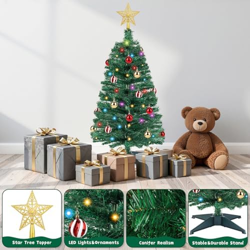 3 FT Small Christmas Tree with Lights, 12 Lighting Modes, Timer&Ornaments, Mini Fake Artificial Xmas Tree for Tabletop, Home, Office, Christmas Decoration Tree Decor