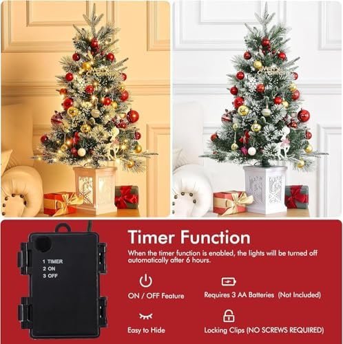 3 ft Christmas Tree with Snowflake Base, Fiber Optic Light-Style Artificial Christmas Tree, 78 Led Lights, Red Berry Decorations, Holiday Ready, Easy Installation, 2-Piece Set