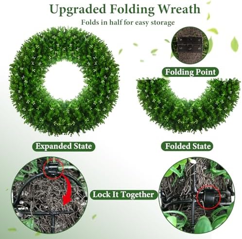 32'' Large Boxwood Wreath, Foldable Green Wreath with a Sash