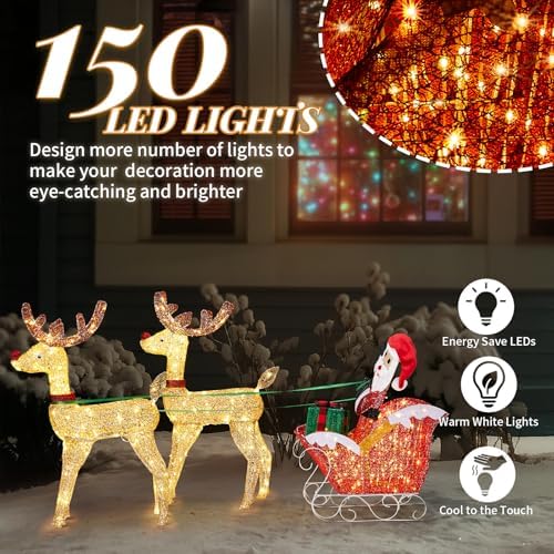 VINGLI 6FT Lighted Christmas Reindeer and Sleigh Outdoor Decorations, 2 Reindeer Pulling Santa’s Sleigh, Warm White LED Glitter Mesh Deer for Xmas Yard Lawn Garden Porch Holiday Decor
