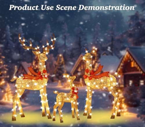 58 Inch 3D Gold Large Lighted Christmas Deer Decorations 3-Piece Outdoor Holiday Decorations Reindeer Set with 210 Warm White LEDs, Large Yard Display for Garden, Storefront