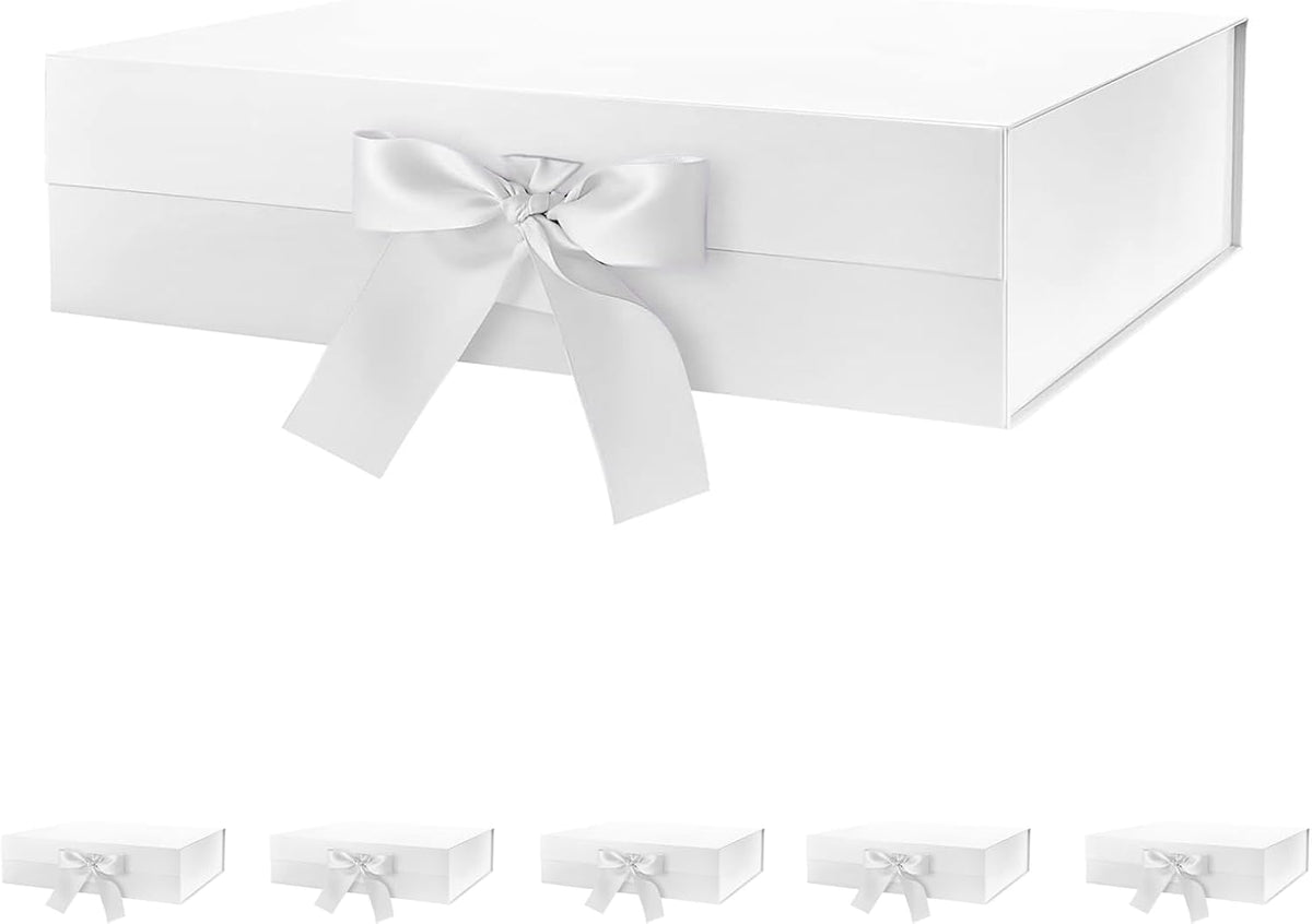 6 Large Gift Boxes with Ribbon 13.5x9x4.1 Inches (Glossy White)