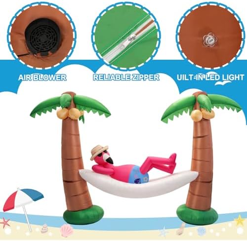 Shappy 5ft Inflatable Palm Tree, LED Lighted Flamingo Hammock Yard Decor