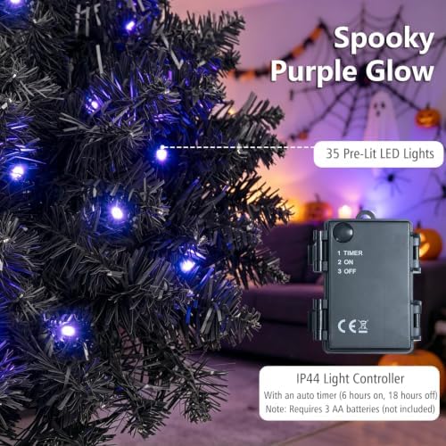 Goplus 24" Black Christmas Wreath with 35 Purple LED Lights, for Halloween